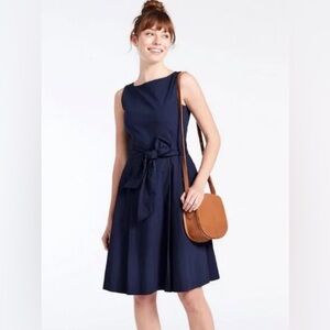 LL Bean Signature Poplin Dress Size 16 Navy Blue Boat Neck Classic Cotton Summer
